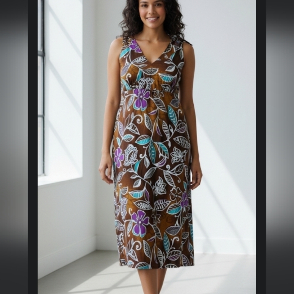 Gianfranco Tropical Print Linen Blend Dress Size 14 Sleeveless Vacation Cruise